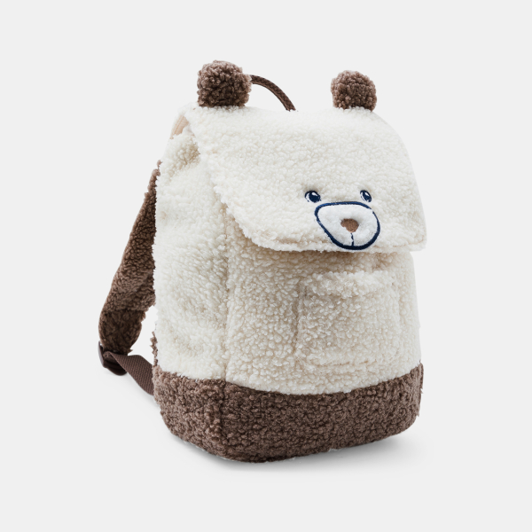 حقيبة ظهر من القطيفة على هيئة دمية محشوة وباللون البيج الفاتح، للأطفال الصغار